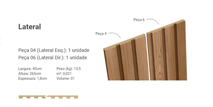 Painel Ripado Lateral em MDF Amêndoa 50mm - 40cm x 265cm x 1,8cm (CX C/ 2 peças) - Línea