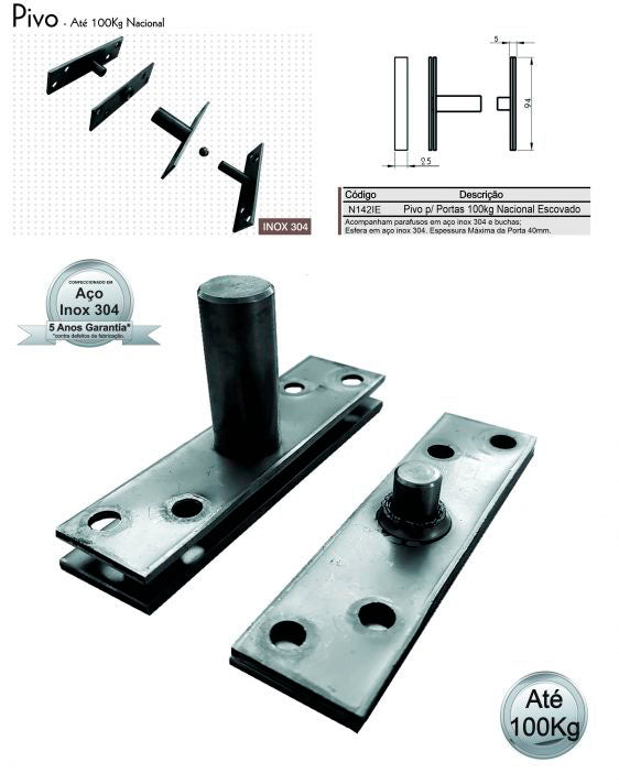 Pivô para Porta 100Kg Inox Escovado - Geris