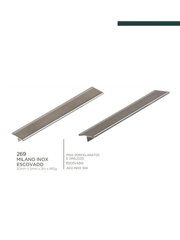 Viscardi - Perfil Milano em T 269 Inox Escovado 35mm x 8mm x 3m (5 peças)