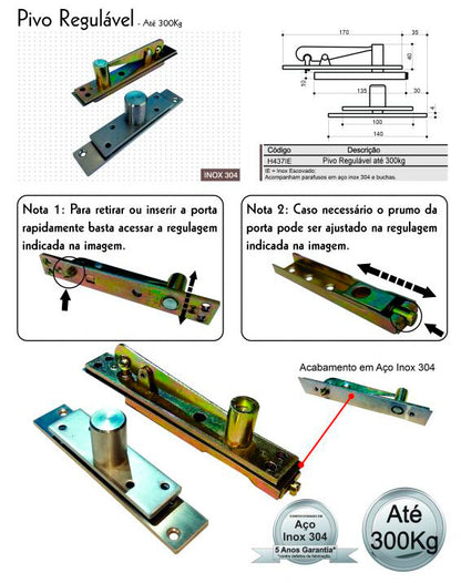 Pivô para Porta Regulável 300Kg Inox Escovado - Geris